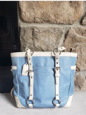 COACH Blue and White Leather Strap Tote